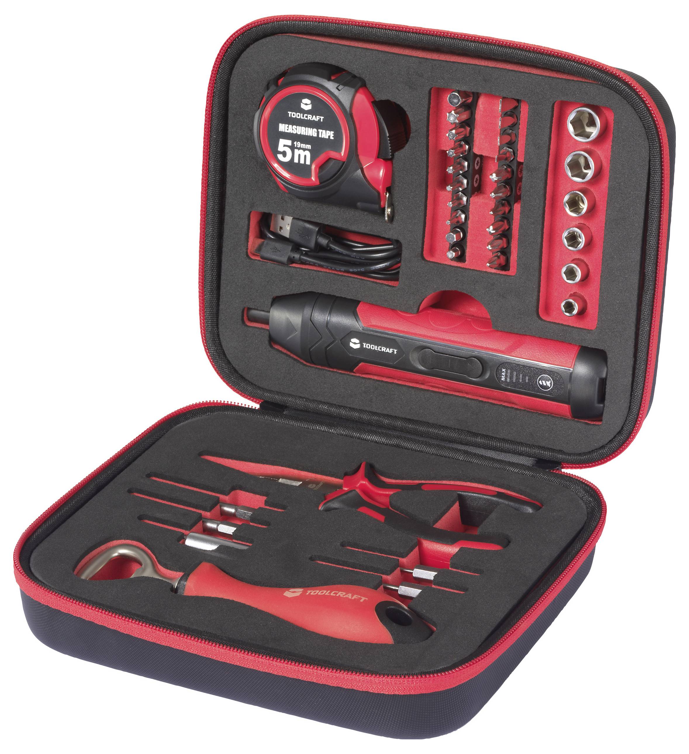 'Techcraft' brand tool kit with a red and black case containing a tape measure, screwdriver set, wrenches, and a utility knife.