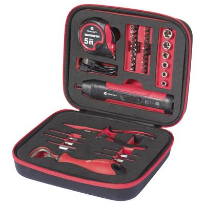 'Techcraft' brand tool kit with a red and black case containing a tape measure, screwdriver set, wrenches, and a utility knife.
