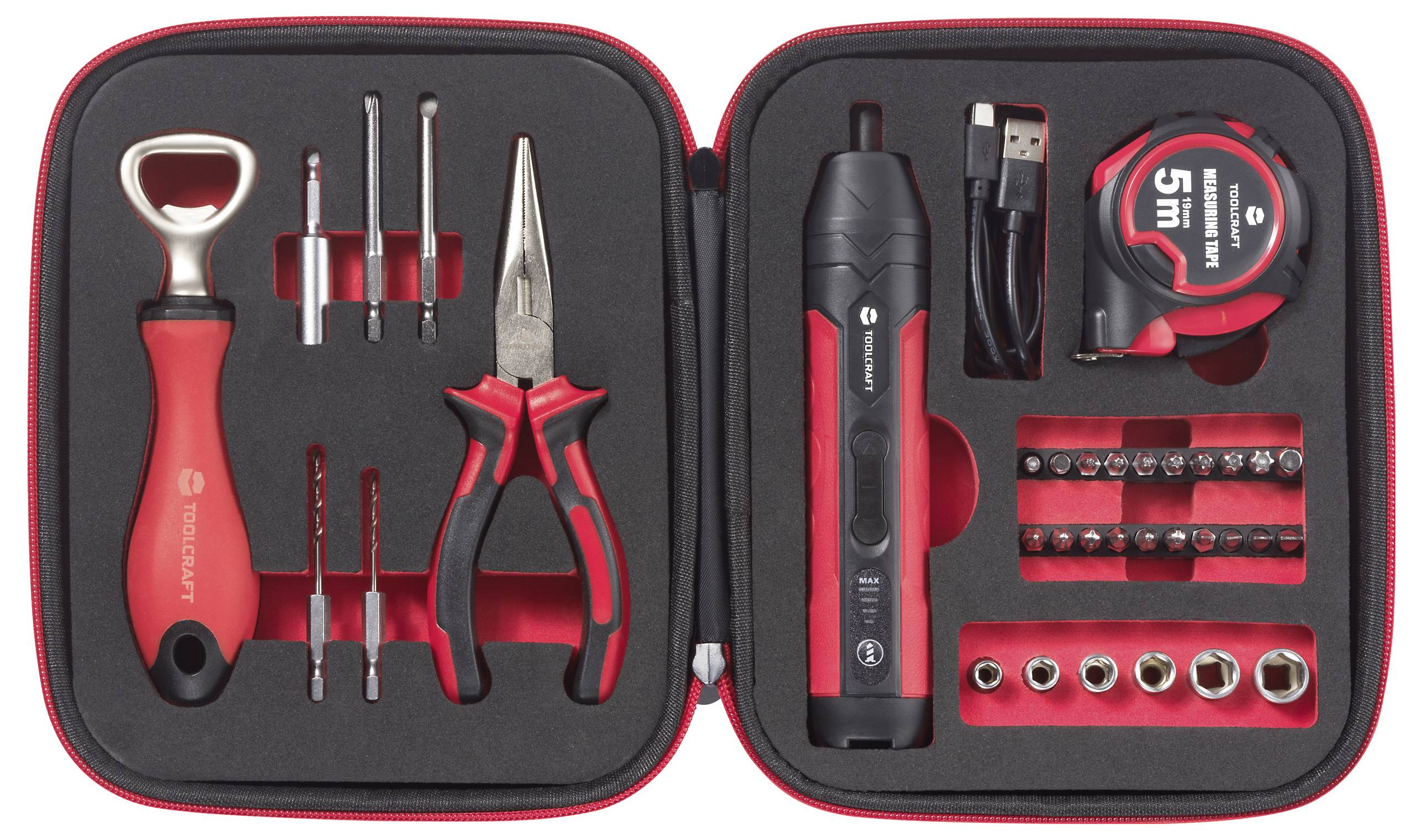 'Tool kit in a red and black case containing pliers, screwdriver with bits, tape measure, and flashlight, organized neatly in foam slots.'