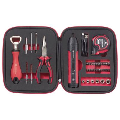 'Tool kit in a red and black case containing pliers, screwdriver with bits, tape measure, and flashlight, organized neatly in foam slots.'