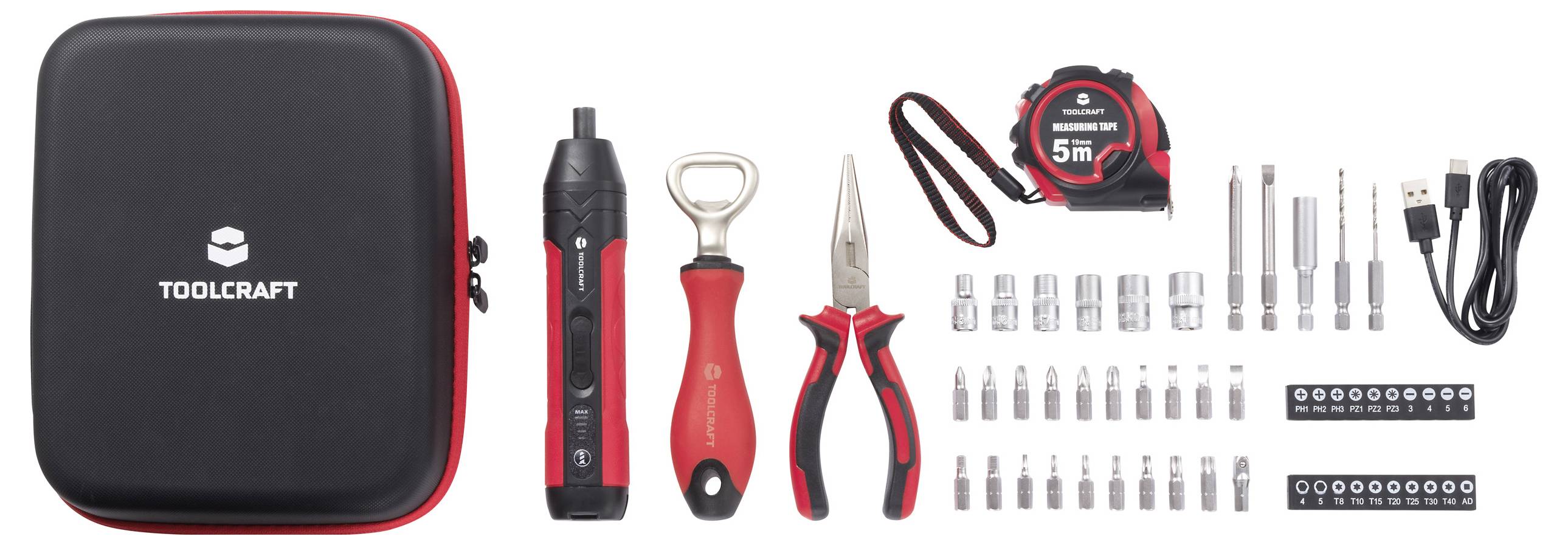 'Toolcraft' toolkit with a black and red case, multi-tip screwdriver, bottle opener, pliers, 5m tape measure, USB cable, sockets, and bits.