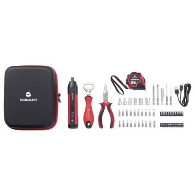 'Toolcraft' toolkit with a black and red case, multi-tip screwdriver, bottle opener, pliers, 5m tape measure, USB cable, sockets, and bits.