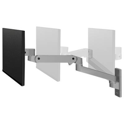 A black computer monitor is mounted on a flexible, adjustable arm that allows the screen to be moved into different positions.