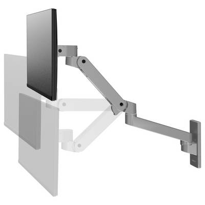 Adjustable monitor arm with multiple joints wall-mounted, allows flexible positioning of a screen.