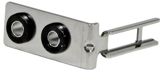 Metal clasp with two black rollers. Used for straps or strap attachment on bags or clothing items.