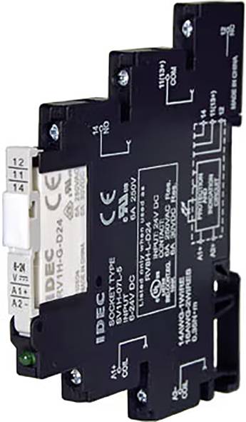 A black relay socket with a relay plugged in. Contains technical specifications and electrical circuit diagrams on the surface.