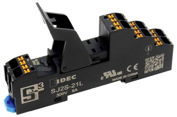 Black electronic terminal block of type SJ2S-21L with multiple connection points, rated for 300V and 8A. CE and cRUus certified.