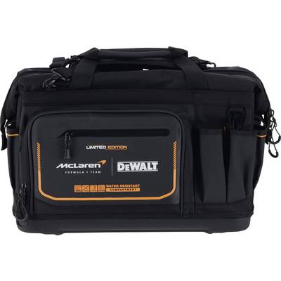 Black and orange tool bag with prints of 'McLaren Formula Team' and 'DEWALT', featuring a water-resistant compartment.