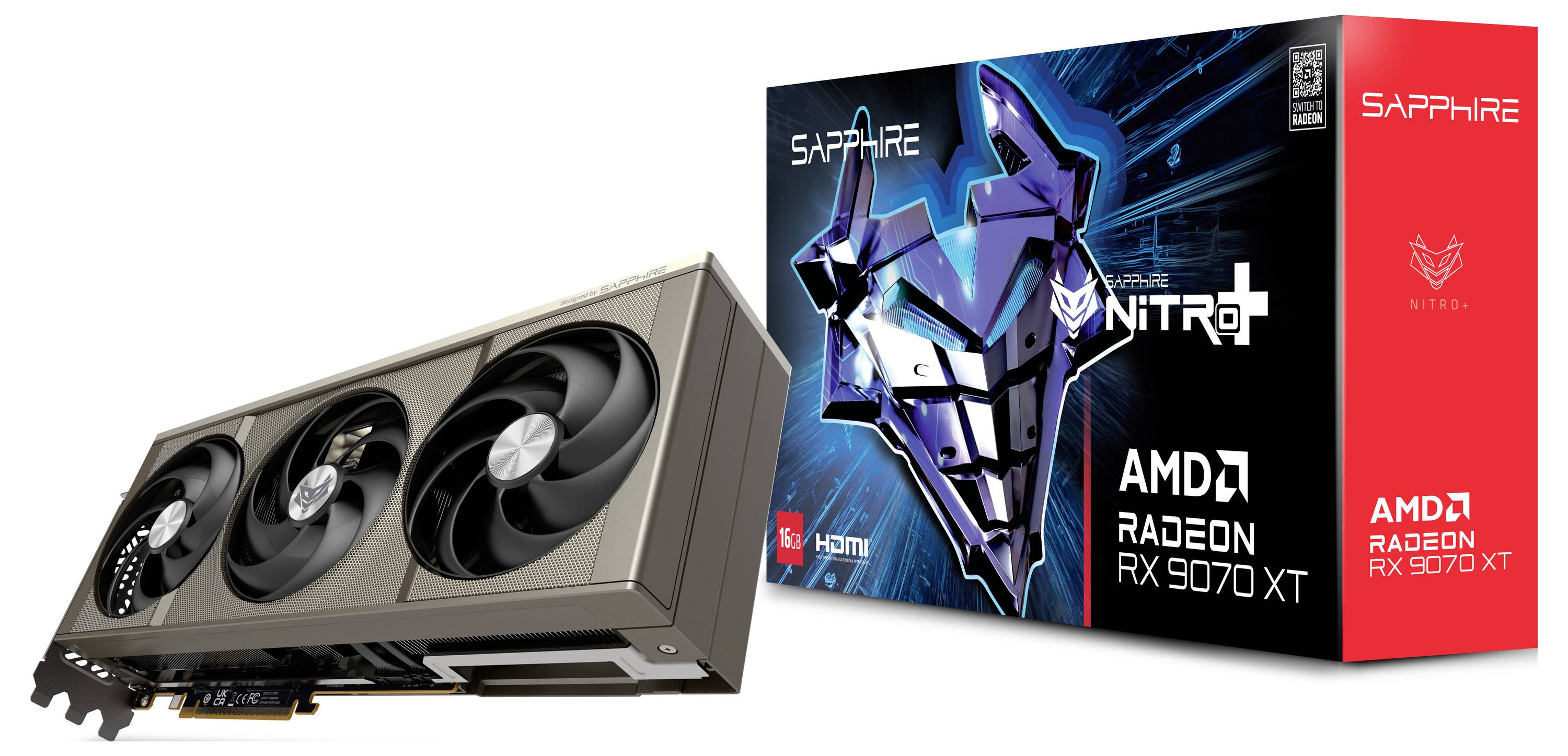 Sapphire Nitro+ AMD Radeon RX 7900 XT graphics card in front of its packaging, displaying fan design and product branding.