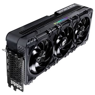 Triple-fan graphics card with the inscription 'GeForce RTX Phantom'; black side and top cover, glossy fan blades.