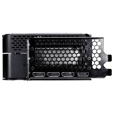 'Graphics card ports on the back of a computer. Visible are three DisplayPorts and an HDMI port.'