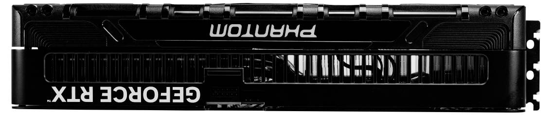 Graphics card with 'PHANTOM' written on top and 'GEFORCE RTX' on the side. Black design, numerous ventilation slots visible.