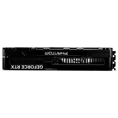 Graphics card with 'PHANTOM' written on top and 'GEFORCE RTX' on the side. Black design, numerous ventilation slots visible.
