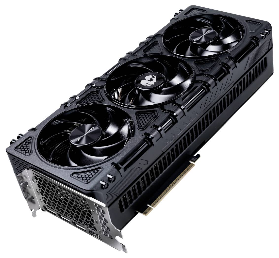 Black graphics card with three fans and a complex design; side view with visible connections on the left side.