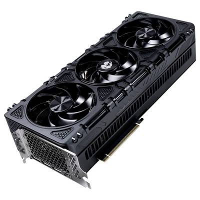 Black graphics card with three fans and a complex design; side view with visible connections on the left side.