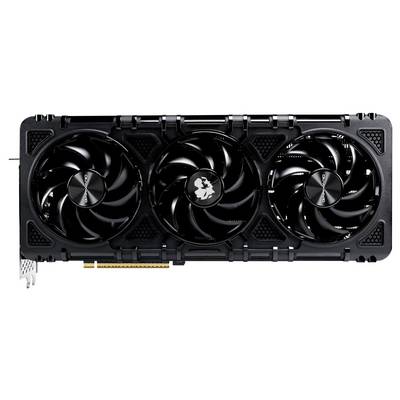 Black graphics card with three fans arranged in a row. It has a robust design and a distinctive emblem in the centre of the middle fan.