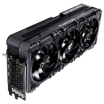 A black GeForce RTX graphics card with three fans, with 'PHANTOM' written on the side, displays a robust cooling structure.