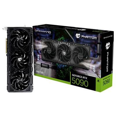 'Gainward GeForce RTX 5090 Phantom' graphics card and packaging with fans and green-black design. 32GB capacity highlighted.