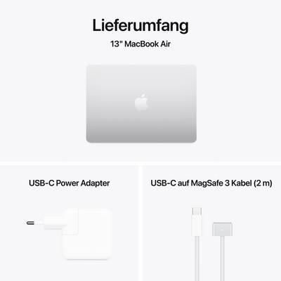 Included in the package is the 13" MacBook Air, along with a USB-C power adapter and a 2 m USB-C to MagSafe 3 cable.