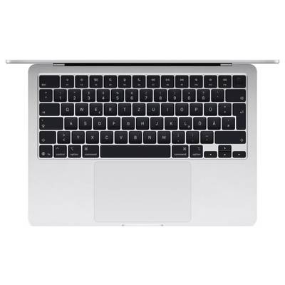 Silver laptop with QWERTZ keyboard, trackpad centred at the bottom. Minimalist design, black screen background visible.