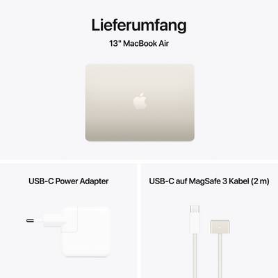 The delivery contents of the 13" MacBook Air include a USB-C power adapter and a USB-C to MagSafe 3 cable (2 m).