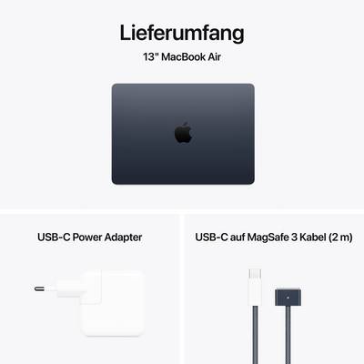 Figure shows the scope of delivery for a 13" MacBook Air: laptop, USB-C power adapter and USB-C to MagSafe 3 cable (2 m).