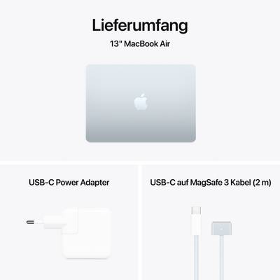 Contents of a 13-inch MacBook Air, including MacBook, USB-C power adapter and USB-C to MagSafe 3 cable (2 m).