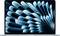A laptop screen displays an abstract, wave-like blue pattern.