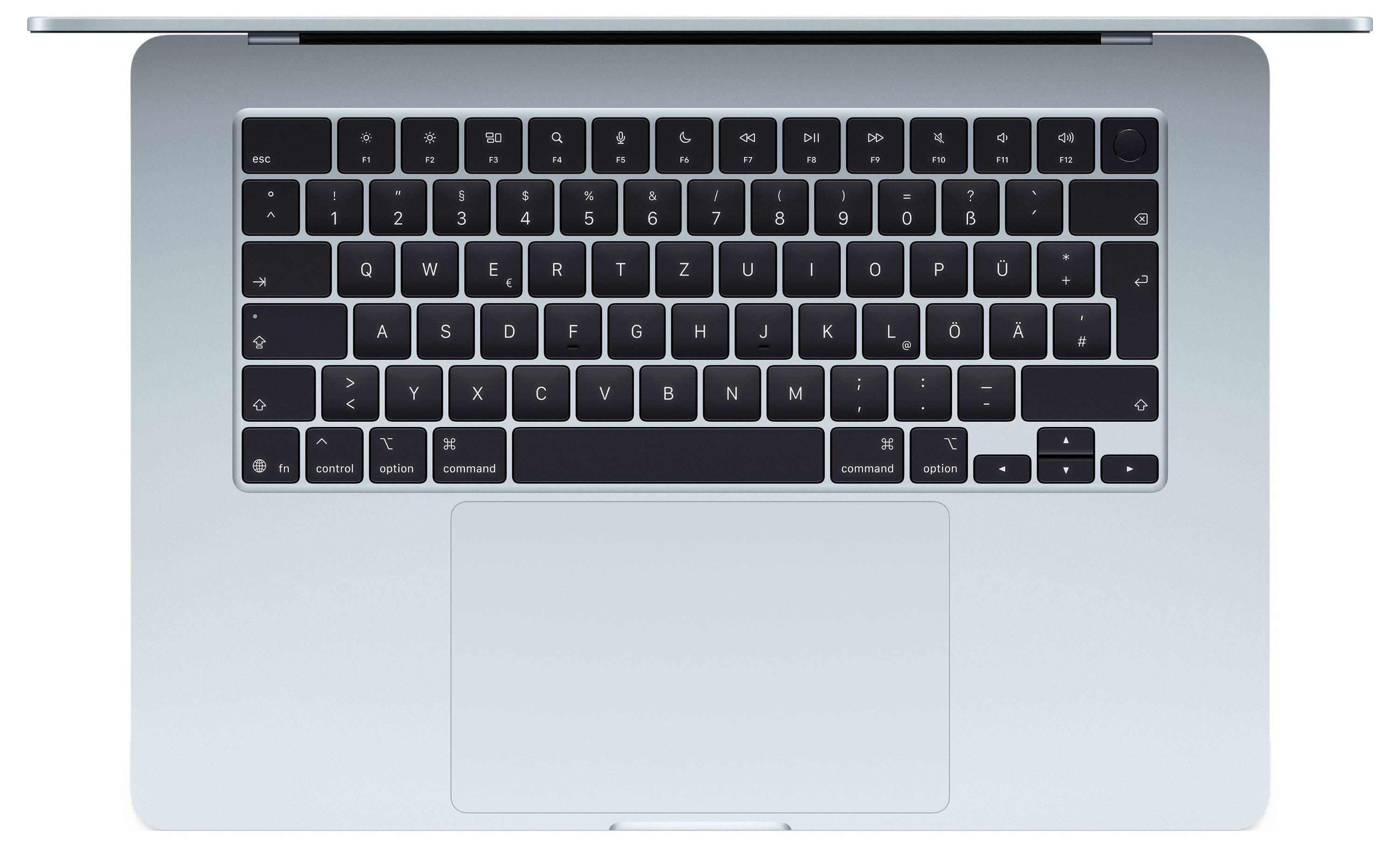 Silver laptop viewed from above with a German keyboard layout, black trackpad, and QWERTZ key arrangement.