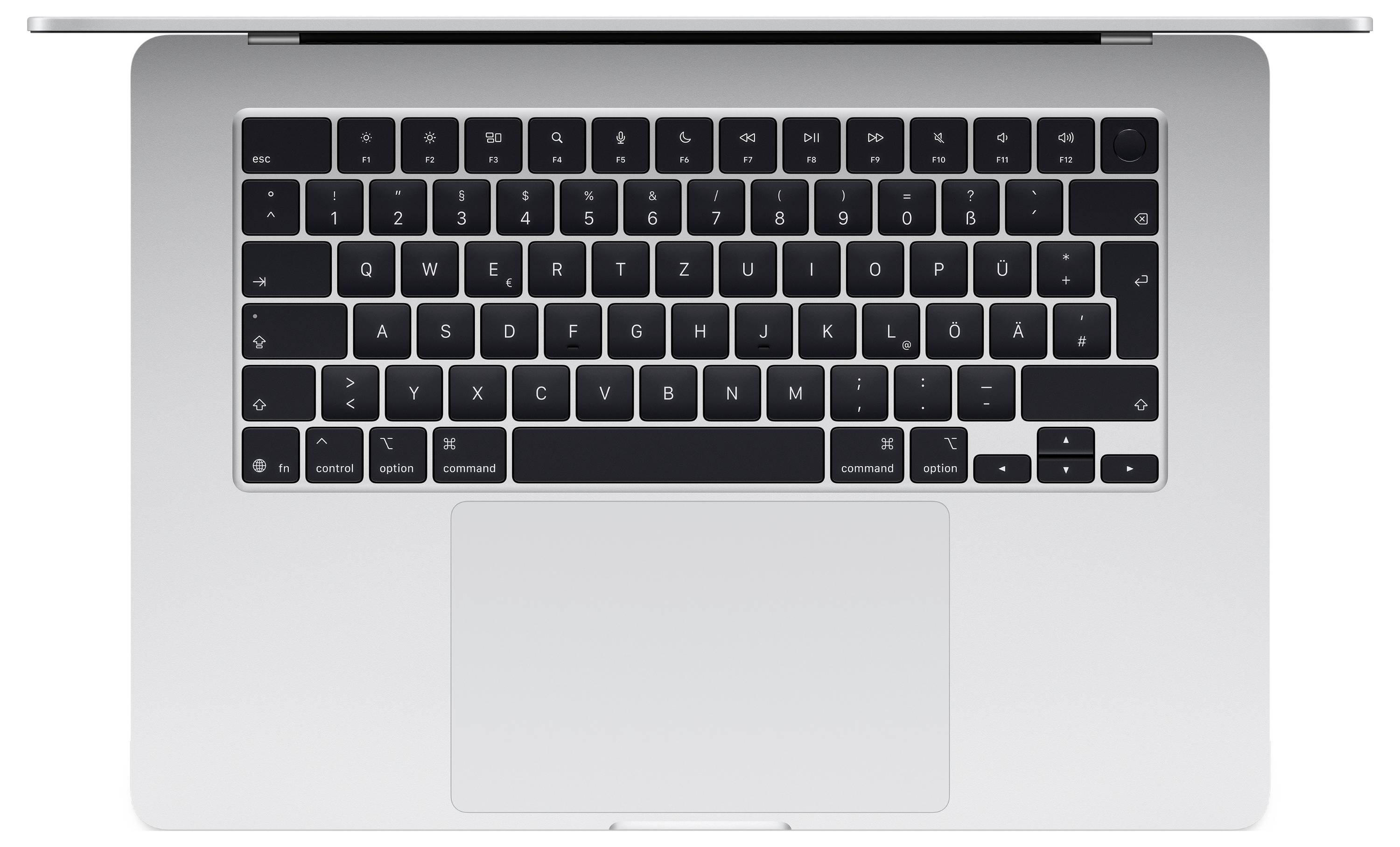 Silver laptop viewed from above, showing the German keyboard layout and a large touchpad underneath.