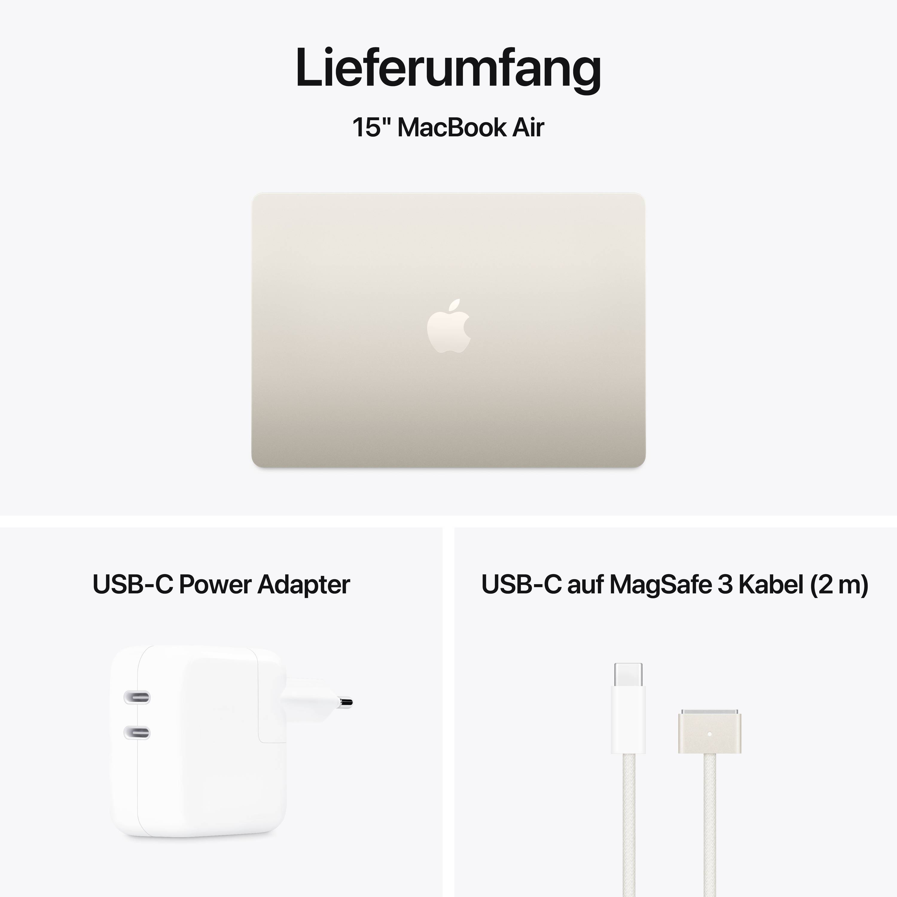 Picture of the contents of a 15" MacBook Air: MacBook, USB-C power adaptor and USB-C to MagSafe 3 cable (2 m).