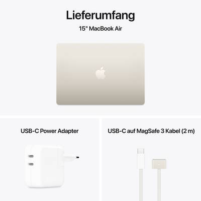 Picture of the contents of a 15" MacBook Air: MacBook, USB-C power adaptor and USB-C to MagSafe 3 cable (2 m).