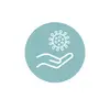 A white stylised image of a hand symbol beneath a virus-like symbol on a light blue circle. Symbolises healthcare prevention.