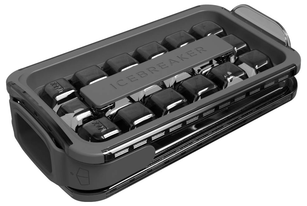 A rectangular ice cube maker with several black cubes. 'ICEBREAKER' is written on the top surface.