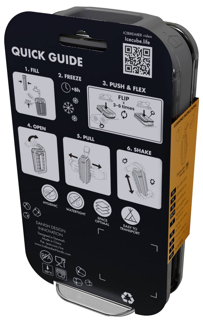 Step-by-step guide to opening a container. Fill, freeze, press, pull and shake to open.