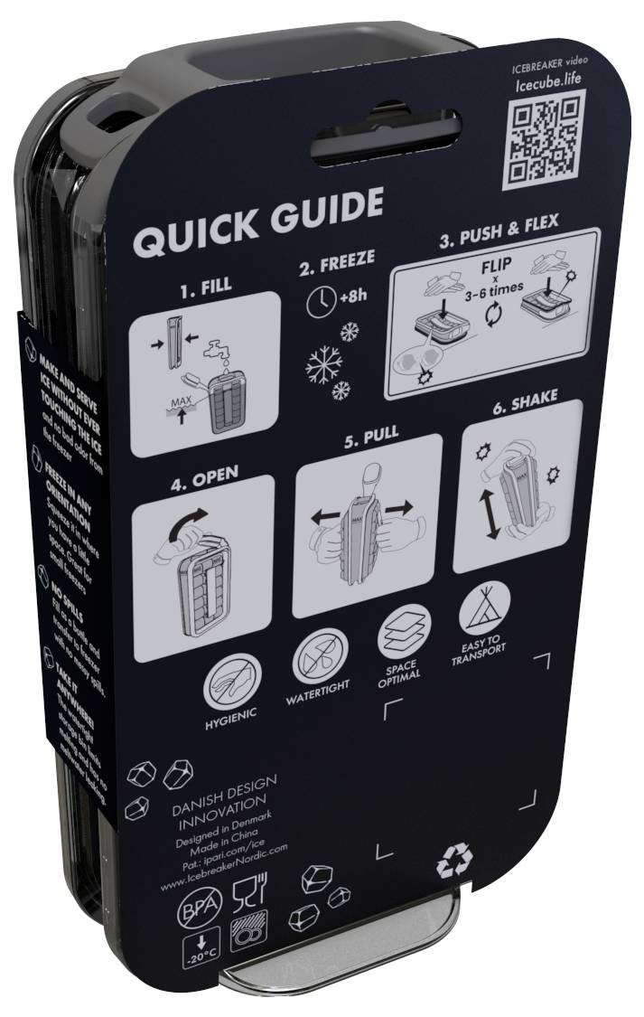 'Quick Guide' for an Ice Cube Tray: 1. Fill, 2. Freeze (8+ hours), 3. Press and Bend, 4. Open, 5. Pull, 6. Shake. BPA-free, dishwasher-safe.