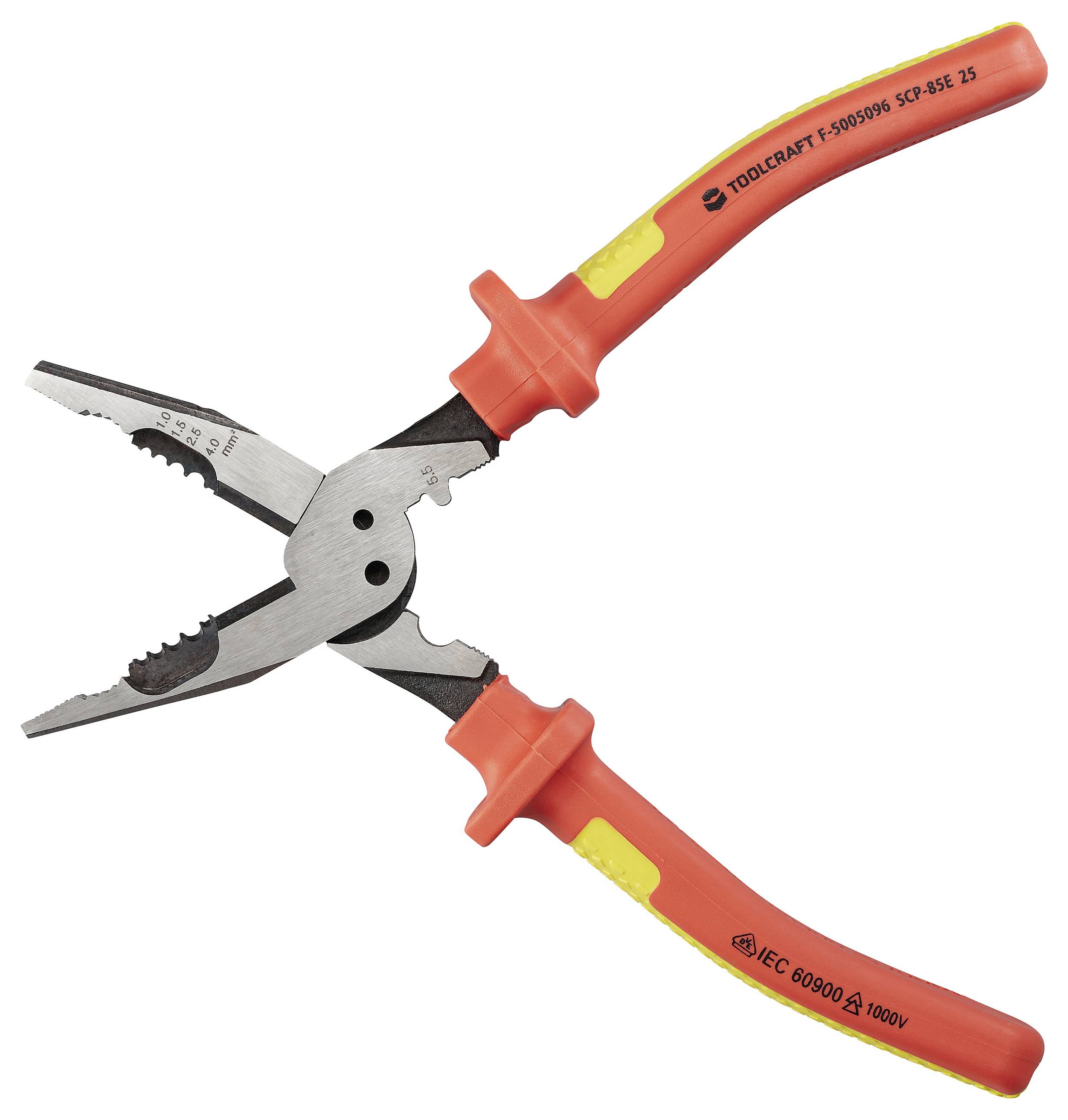 Insulated electrical pliers with yellow and red handles featuring measurement markings and certification details, open at the jaws.