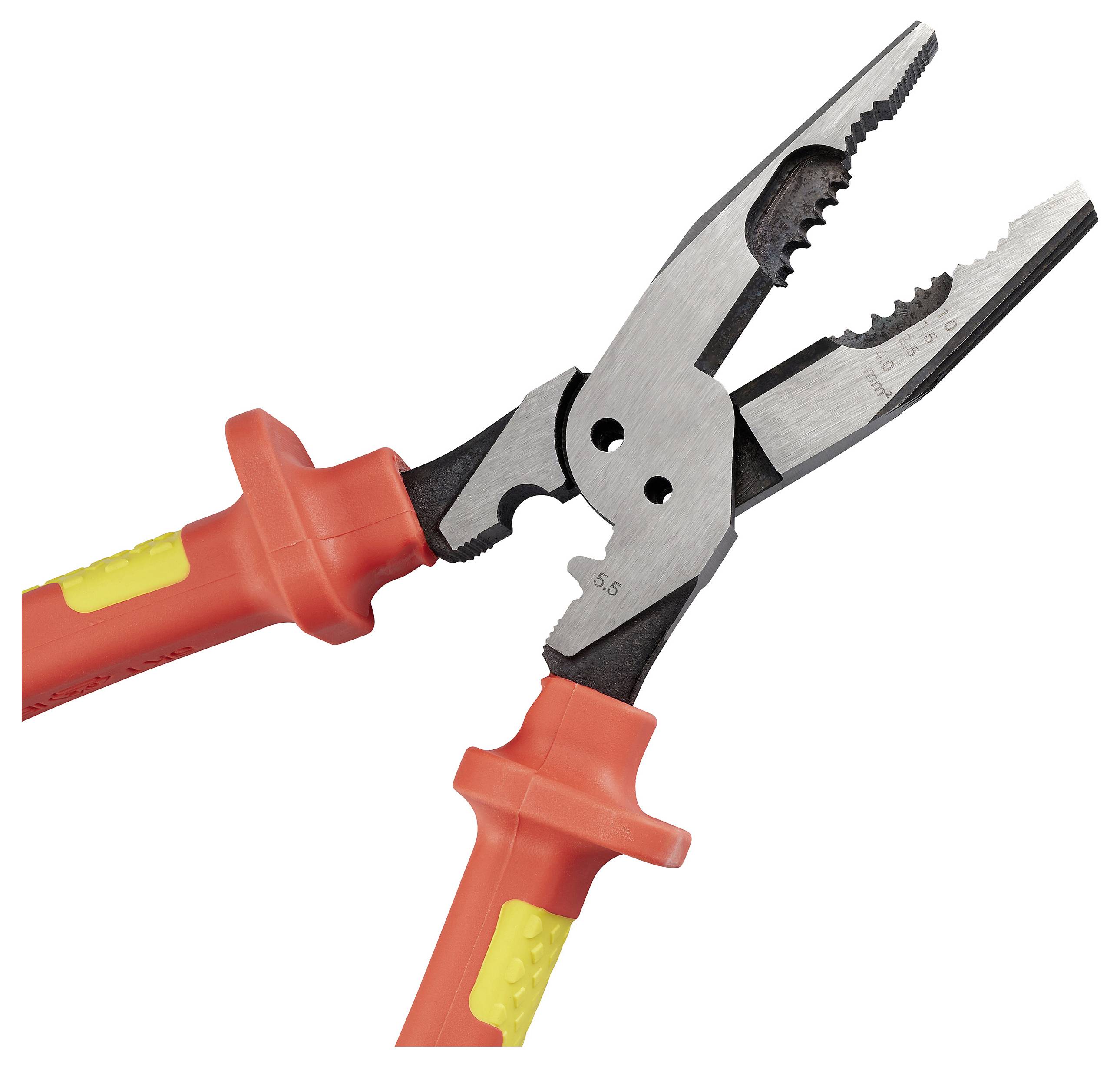 A pair of red-handled combination pliers with insulated grips, featuring multiple gripping surfaces and a cutting edge for versatile use.