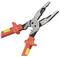 A pair of red-handled combination pliers with insulated grips, featuring multiple gripping surfaces and a cutting edge for versatile use.