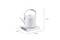 White electric kettle on a digital scale. Dimensions: 23 cm high, 22 cm deep, 16.5 cm wide. Ideal for precise water heating.