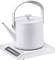Electric kettle in contemporary design, white, with long spout, large handle and digital control panel at the base.