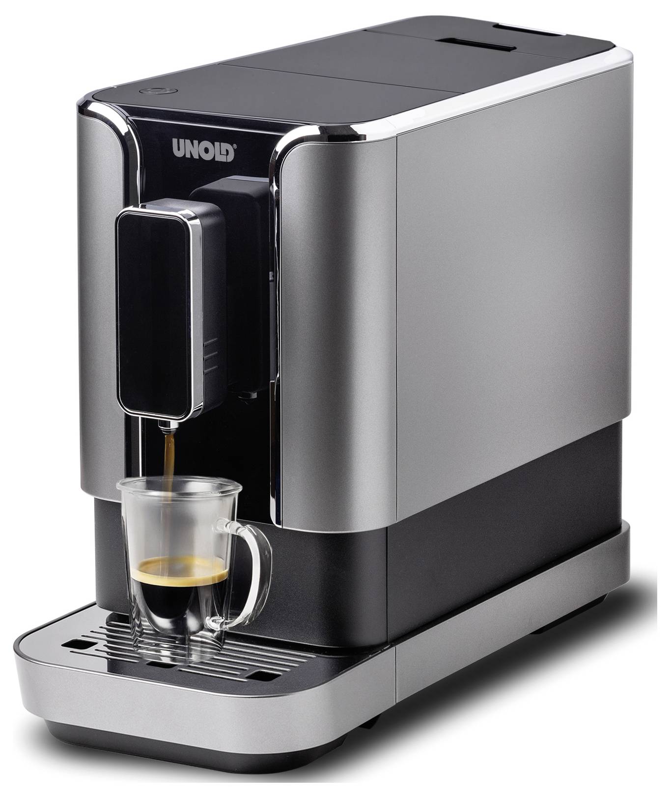 A silver coffee machine is brewing an espresso into a glass cup. The machine has a modern design with a front spout.