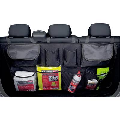 Car seat back organizer with several compartments holding a first aid kit, cleaning supplies, and a can, designed for easy storage.