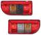 Two vehicle tail lights. The upper one is an L-shaped light with an integrated camera, the lower one rectangular with clear, red, and orange sections.