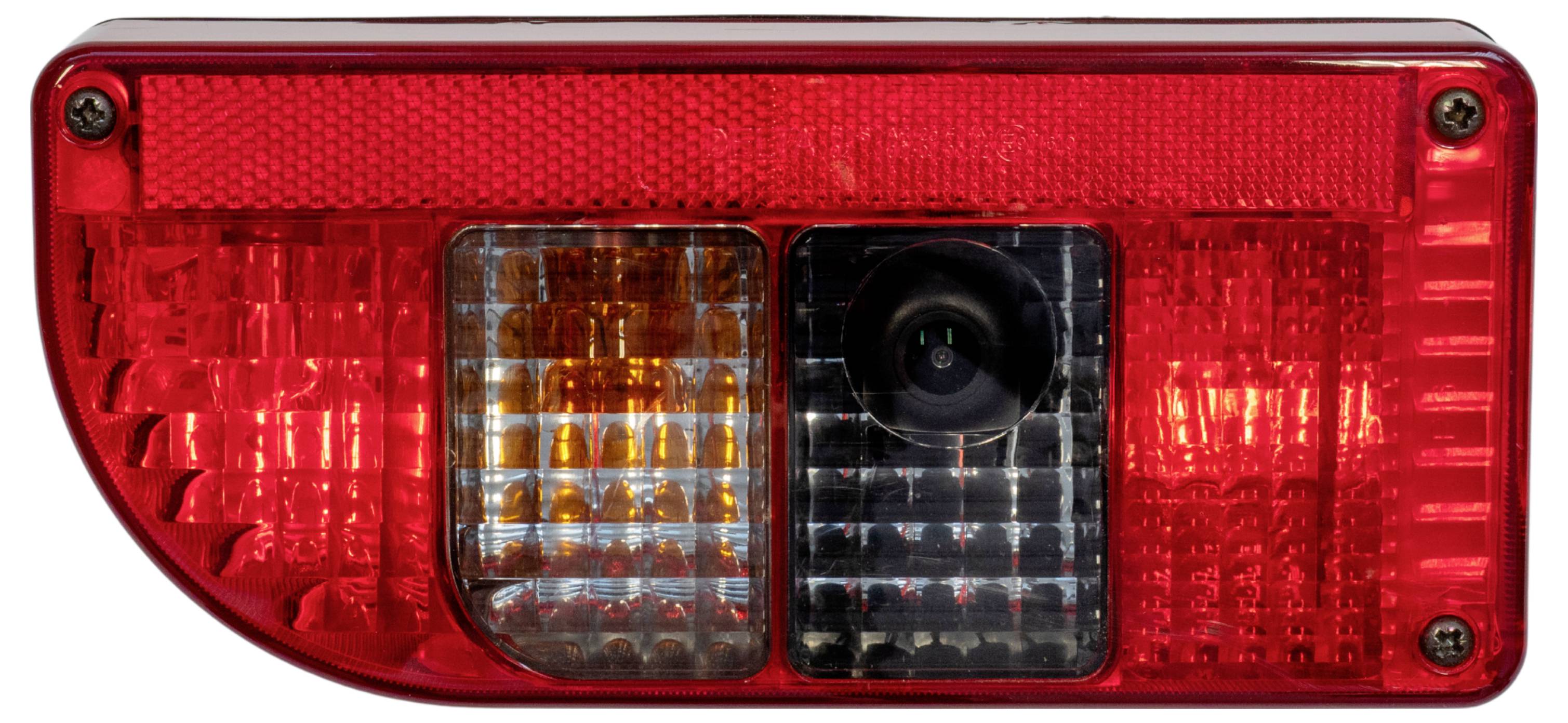 'Rear vehicle light assembly with red and amber sections, featuring a small camera lens in the center for rearview monitoring.'