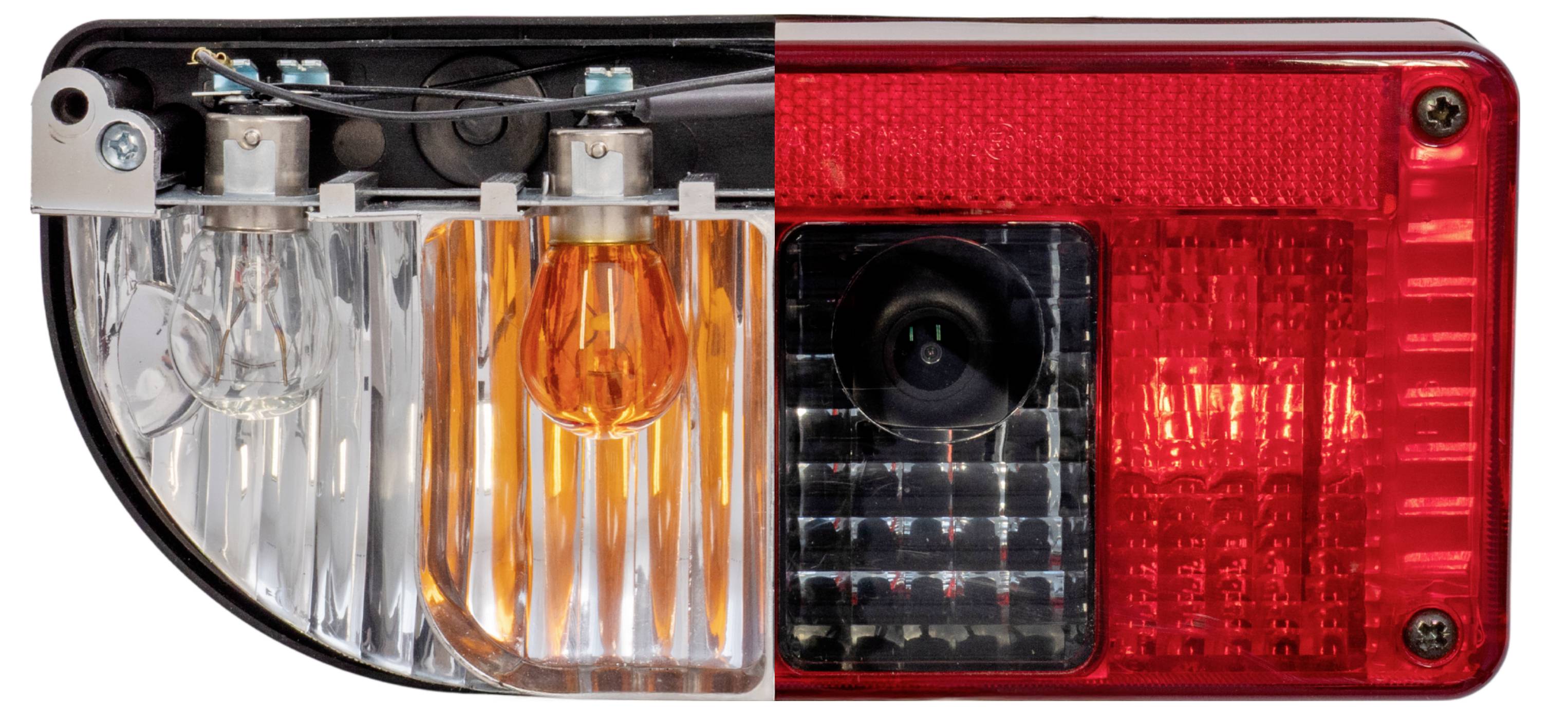 Half of a car headlight and half of a car taillight are shown side by side, illustrating the difference in design and color.