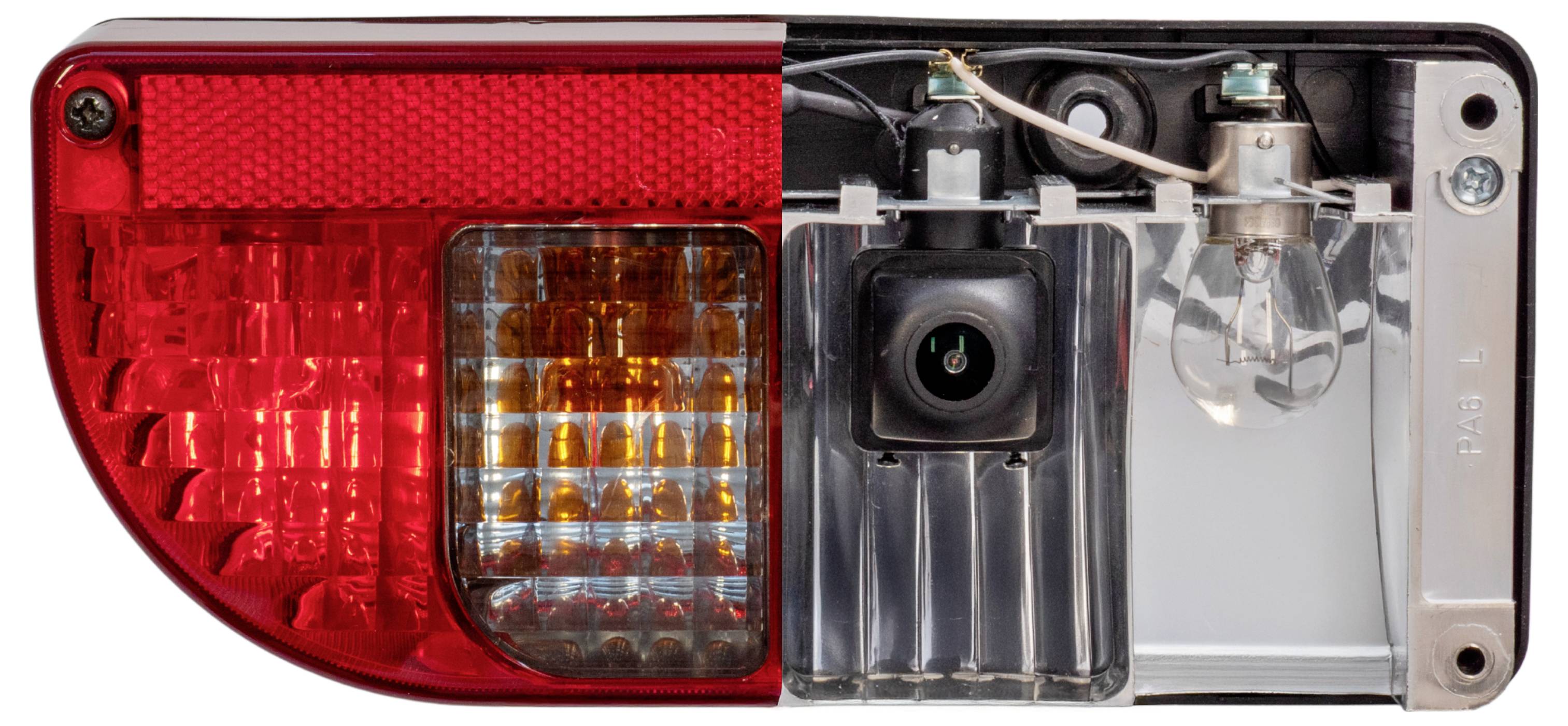Rear light of a vehicle, showing the outer red lens on the left with orange and clear sections, and the internal wiring and bulb on the right.