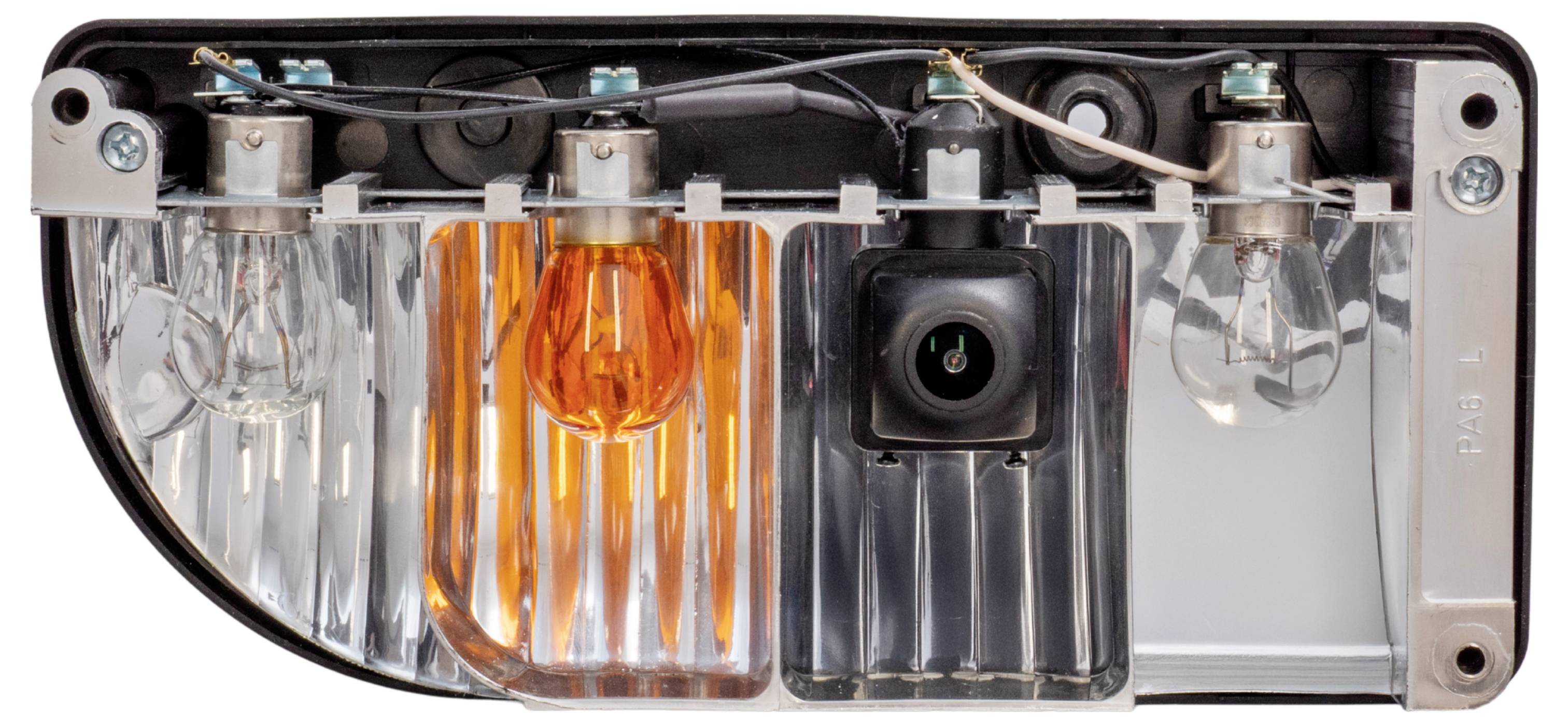 A vehicle rear light assembly featuring a reverse light, turn signal, and camera. The turn signal is illuminated.