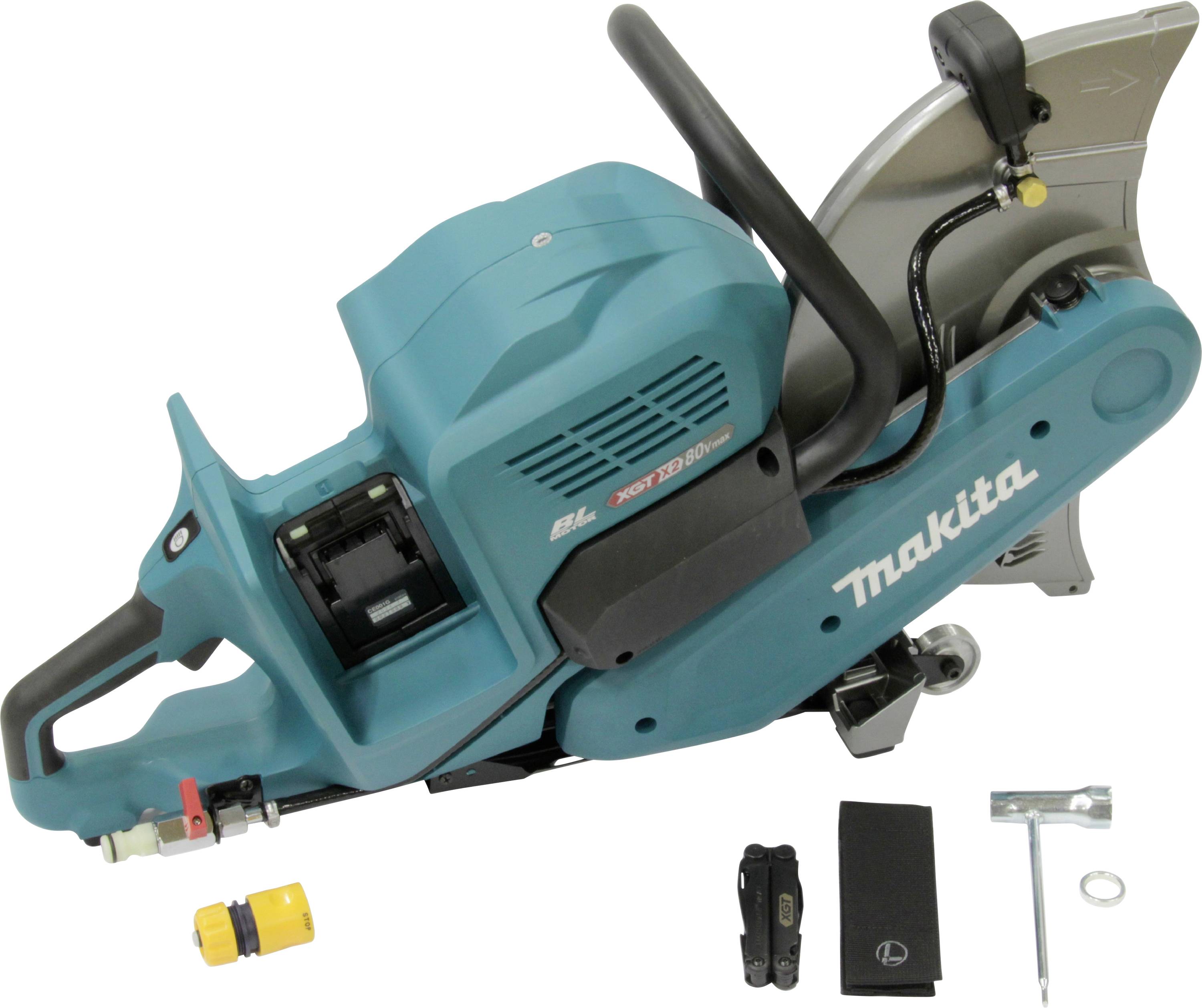 A blue portable chainsaw with various accessories including batteries, tools, and spare parts, branded with 'Makita'.
