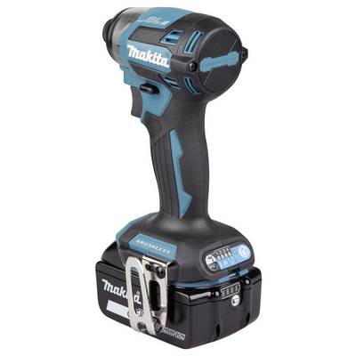 A black and blue Makita brushless impact driver with a visible battery pack, featuring a compact design and control buttons.